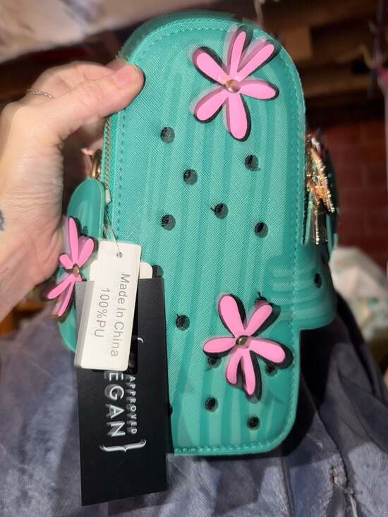 Erin Annie Handbags - Erin Annie Vegan Leather Pink Flower Cactus Crossbody Bag with Chain Strap